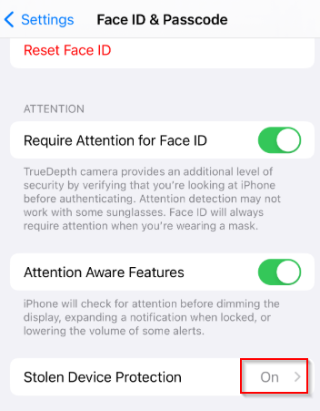 iOS Stolen Device Protection Screenshot